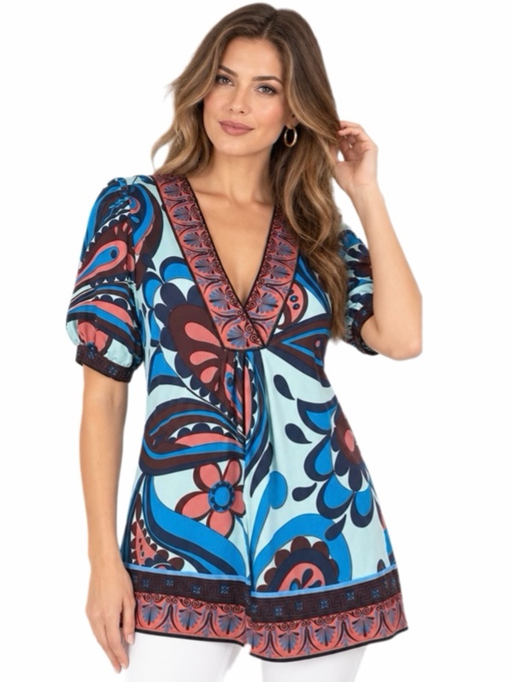 HALE BOB Blue &Brown Abstract Paisley Print V-Neck Stretchy Tunic Medium